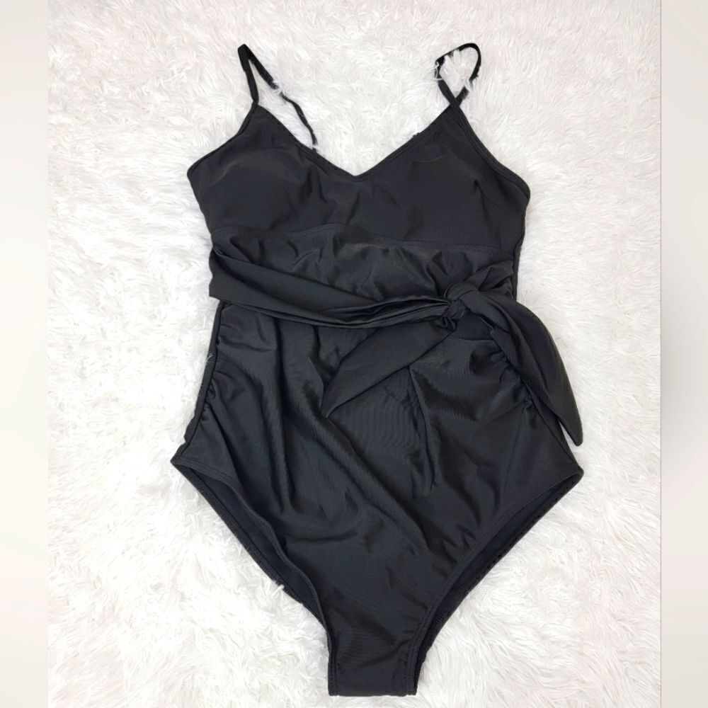 Belted Bathing Suit Solid Black V Neck One Piece Swimsuit Tummy Control Size S